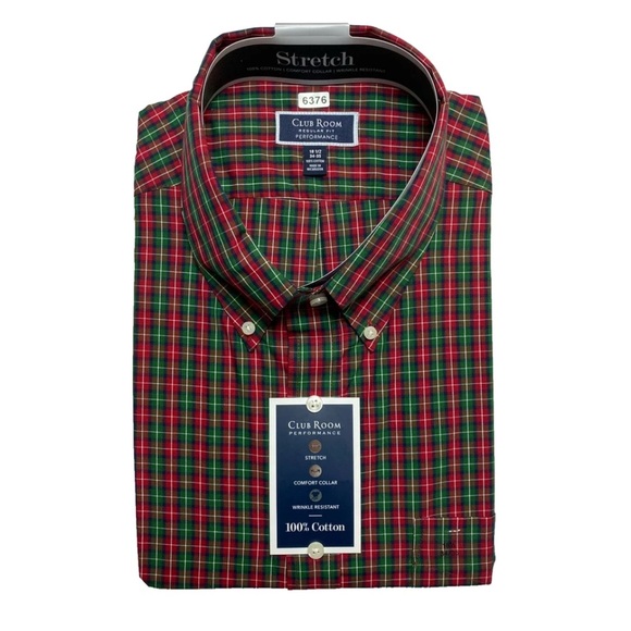 Club Room Shirt Mens 18.5 Red Green Long Sleeve Button Down NWT $55 - Picture 1 of 4